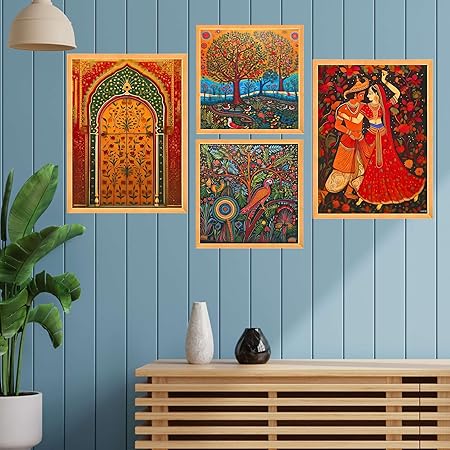 FAB CRAFT STUDIO Set of Four Wall Paintings for Wall Dacoration Large Framed Wall Paintings for Living Room & Bedroom Wall Art for Home Decoration & Office Wall Décor