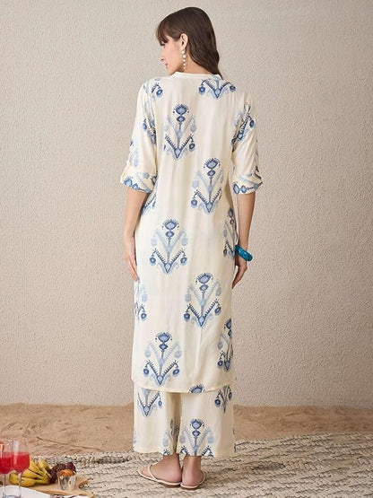 Women's Ivory & Blue Printed Kurta Pant