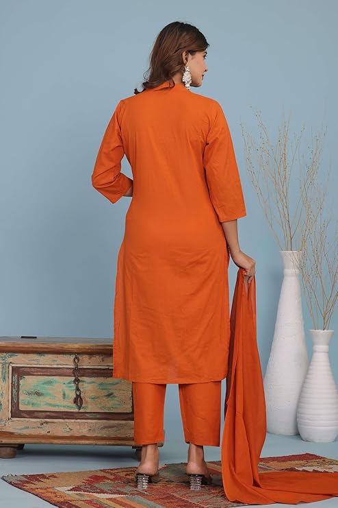 LoomBella Lifestyle Women's Cotton Embroidery Straight Kurti with Pant Set