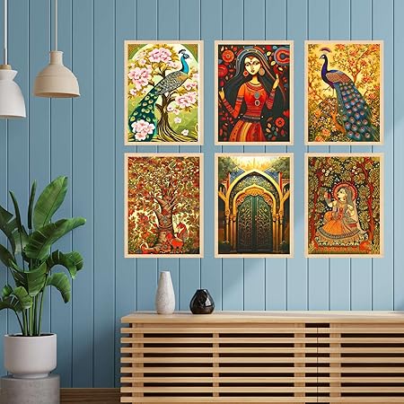 FAB CRAFT STUDIO Set of Six Madhubani Wall Paintings for Wall Dacoration Large Framed Wall Paintings for Living Room & Bedroom Wall Art for Home Decoration & Office Wall Décor