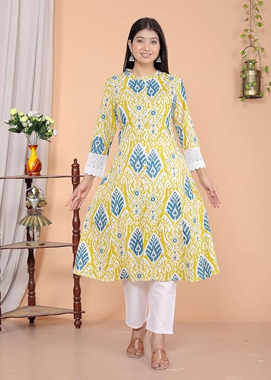 LoomBella Lifestyle Women's Cotton Printed Mandarin Collar A-Line Kurti with Pant