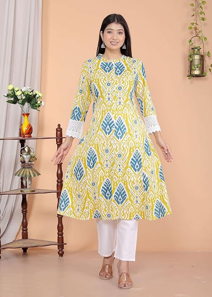 LoomBella Lifestyle Women's Cotton Printed Mandarin Collar A-Line Kurti with Pant