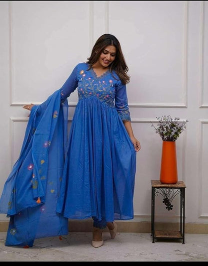 LoomBella Lifestyle Women's Cotton Embroidered Long Anarkali Kurti with Pant and Dupatta Set