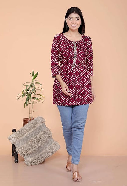 LoomBella Lifestyle Bandhej Printed Straight Kurti Perfect for Casual, Formal, and Ethnic Wear
