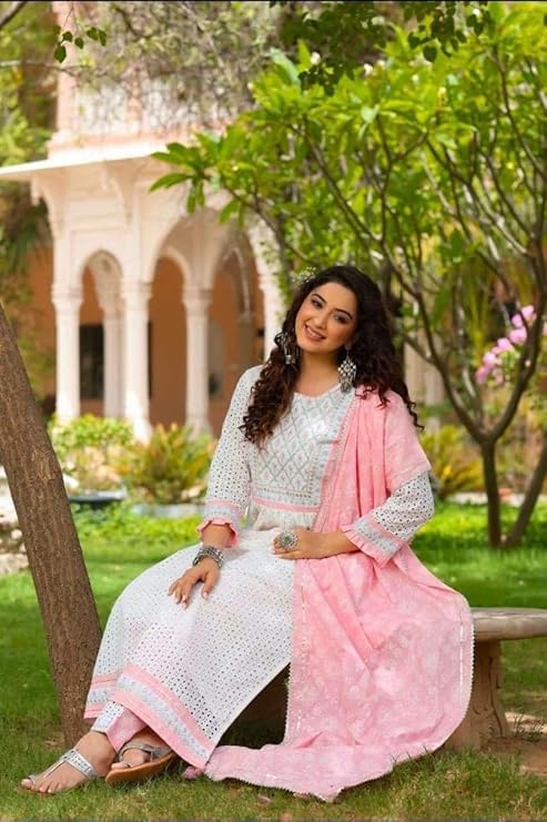 LoomBella LifestyleWomen's Cotton Embroidered Nayra Cut Kurti With Pant and Dupatta Set