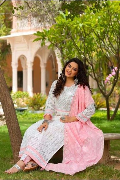 LoomBella LifestyleWomen's Cotton Embroidered Nayra Cut Kurti With Pant and Dupatta Set