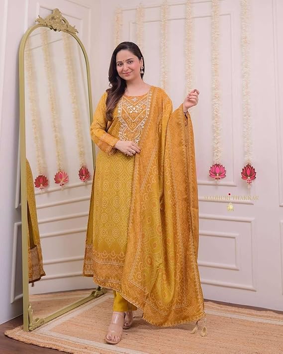 LoomBella Lifestyle Women's Silk Embroidered Straight Kurti with Pant and Dupatta Set