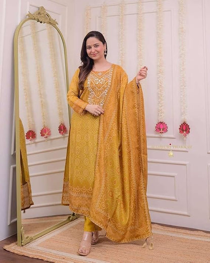 LoomBella Lifestyle Women's Silk Embroidered Straight Kurti with Pant and Dupatta Set