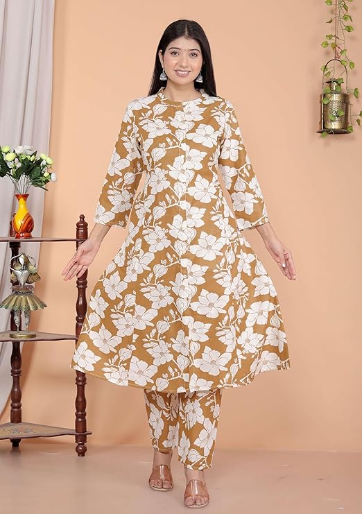 LoomBella Lifestyle Women's Cotton Floral Printed Mandarin Collar A-Line Kurti with Pant