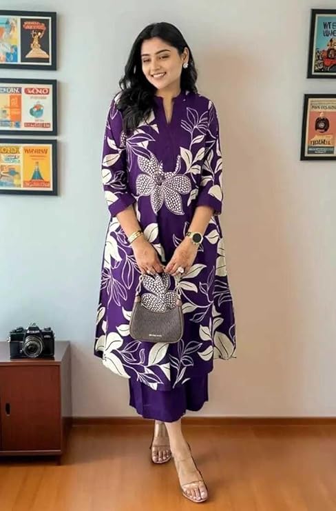 LoomBella Lifestyle Women's Cotton Floral Printed Straight Kurti with Pant Set