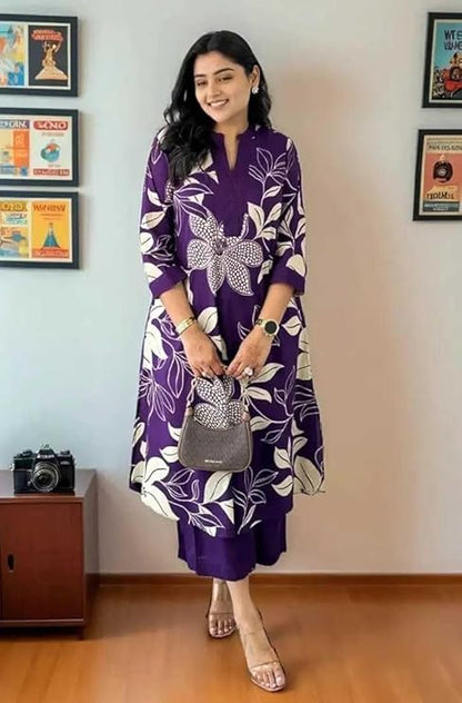 LoomBella Lifestyle Women's Cotton Floral Printed Straight Kurti with Pant Set