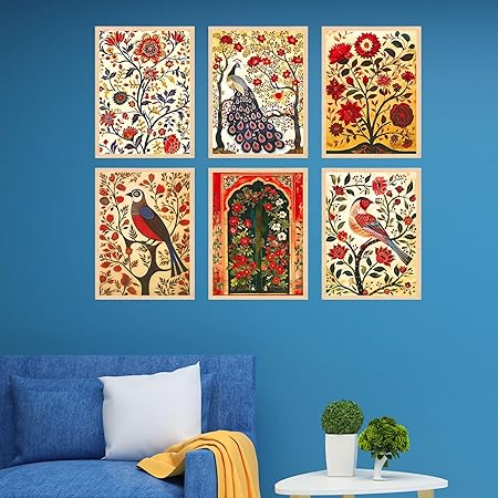 FAB CRAFT STUDIO Set of Six Madhubani Wall Paintings for Wall Dacoration Large Framed Wall Paintings for Living Room & Bedroom Wall Art for Home Decoration & Office Wall Décor