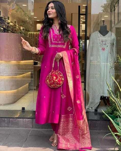 LoomBella LifestyleWomen's Viscose Silk Heavy Embroidered Straight Kurta With Trouser & Banarasi Jacquard Dupatta Set