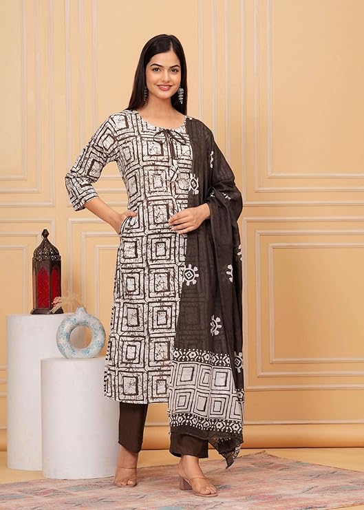 LoomBella Lifestyle Women's Cotton Hand Block Printed Straight Kurti with Pant and Printed Dupatta