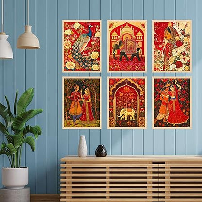 FAB CRAFT STUDIO Set of Six Madhubani Wall Paintings for Wall Dacoration Large Framed Wall Paintings for Living Room & Bedroom Wall Art for Home Decoration & Office Wall Décor