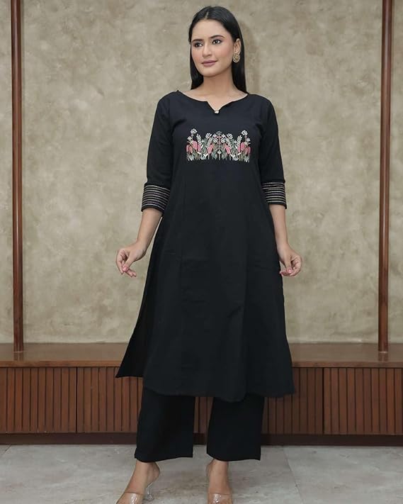 LoomBella LifestyleWomen's Cotton Embroidered Straight Kurti with Pant Set