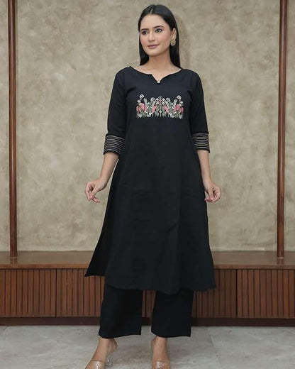LoomBella LifestyleWomen's Cotton Embroidered Straight Kurti with Pant Set