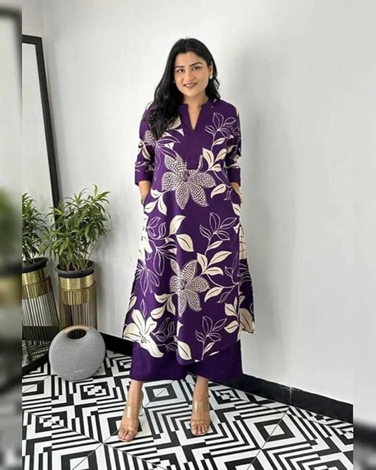 LoomBella Lifestyle Women's Cotton Floral Printed Straight Kurti with Pant Set