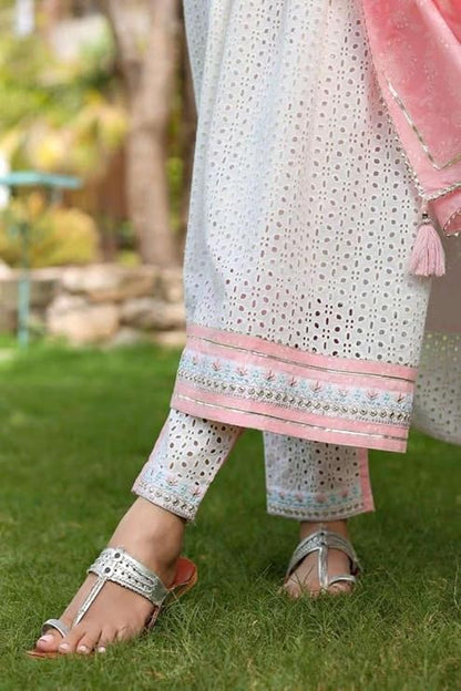 LoomBella LifestyleWomen's Cotton Embroidered Nayra Cut Kurti With Pant and Dupatta Set