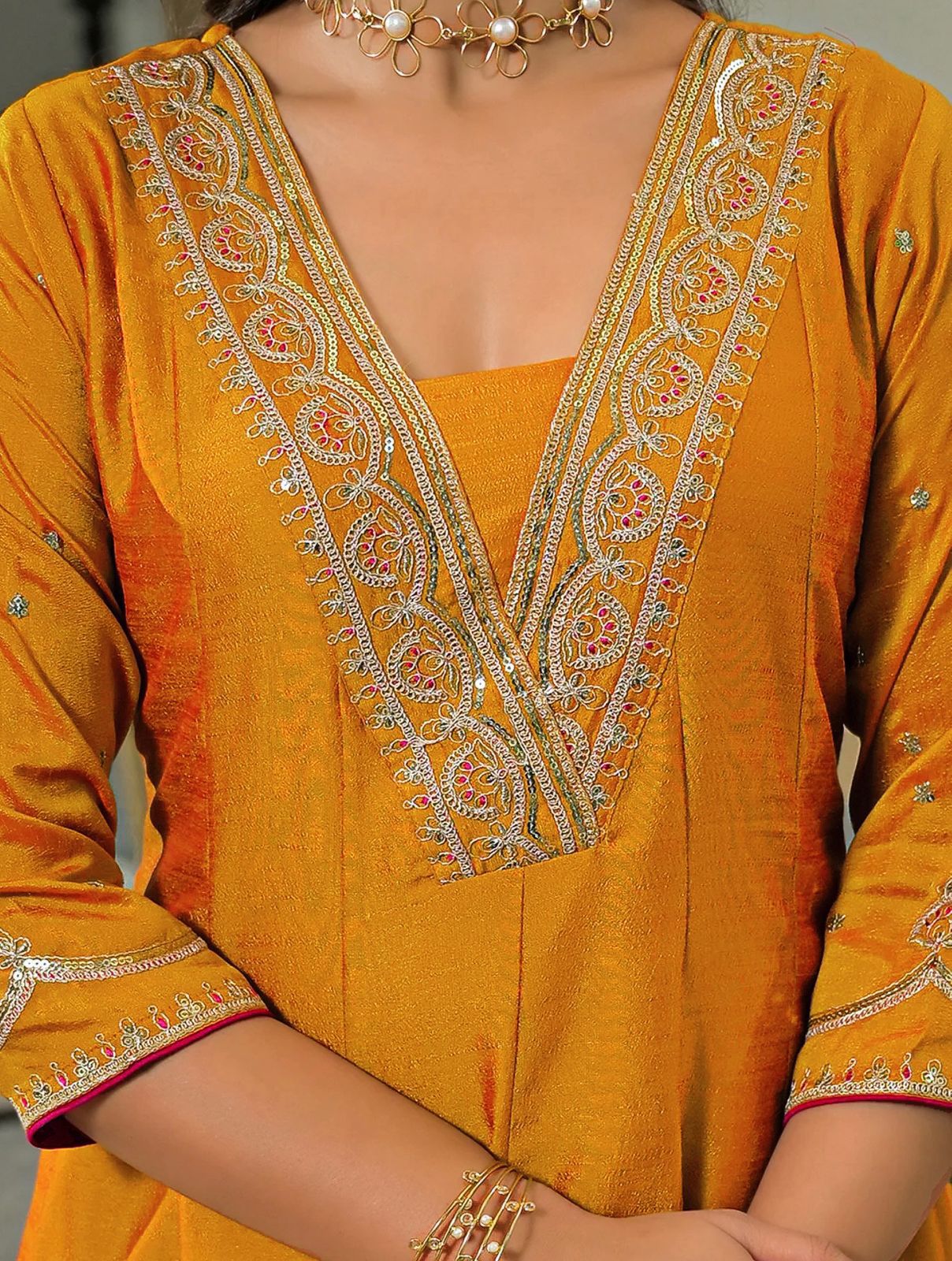 Women's Mustard Embroidered Straight Kurta Set with Magenta Dupatta