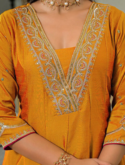 Women's Mustard Embroidered Straight Kurta Set with Magenta Dupatta