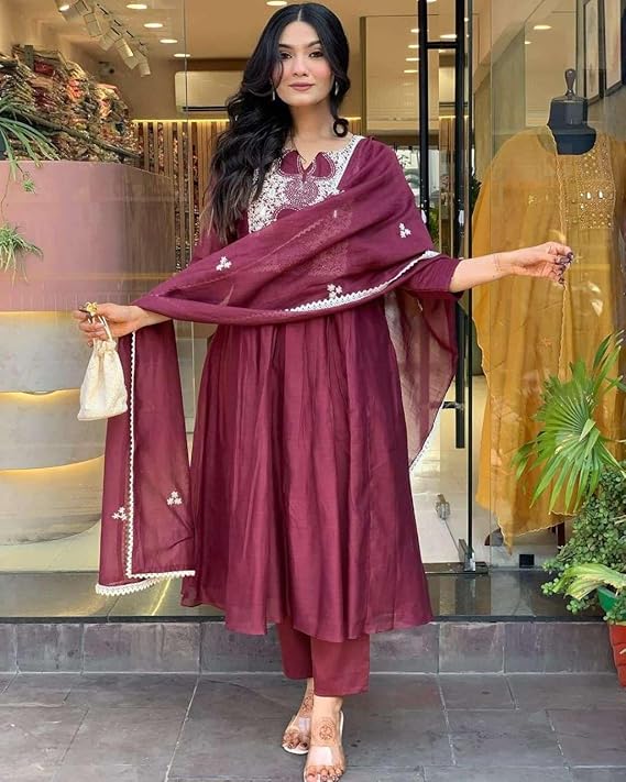 LoomBella LifestyleWomen's Cotton Printed Anarkali Kurti with Pant and Mulmul Dupatta Set