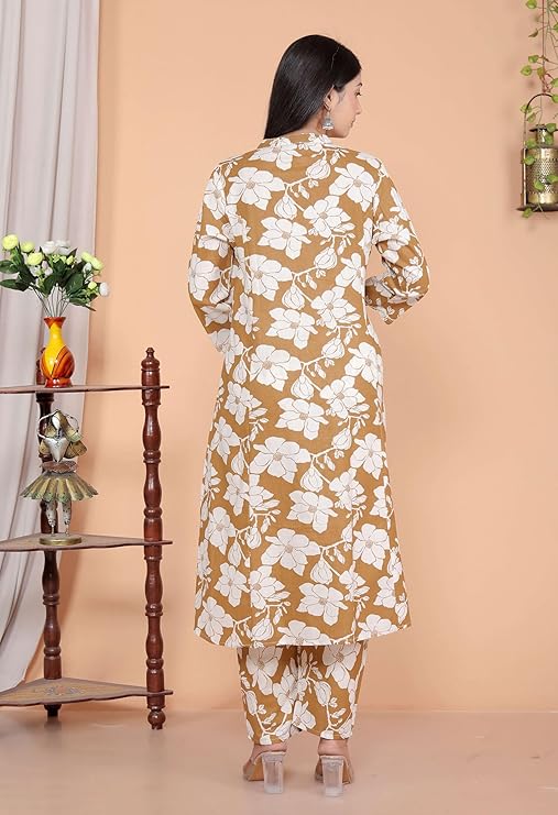 LoomBella Lifestyle Women's Cotton Floral Printed Mandarin Collar A-Line Kurti with Pant
