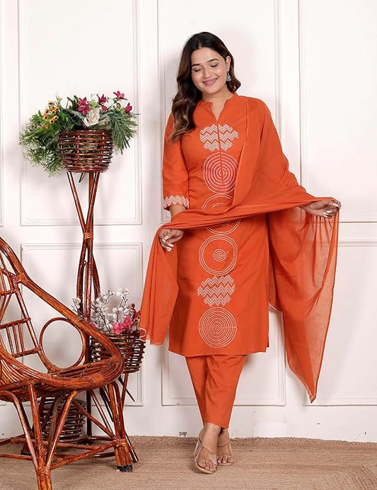 LoomBella Lifestyle Women's Cotton Printed Straight Kurti With Pant and Dupatta Set