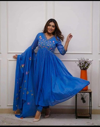 LoomBella Lifestyle Women's Cotton Embroidered Long Anarkali Kurti with Pant and Dupatta Set