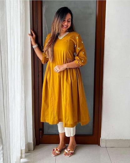 LoomBella LifestyleWomen's Cotton Embroidered Anarkali Kurti with Pant
