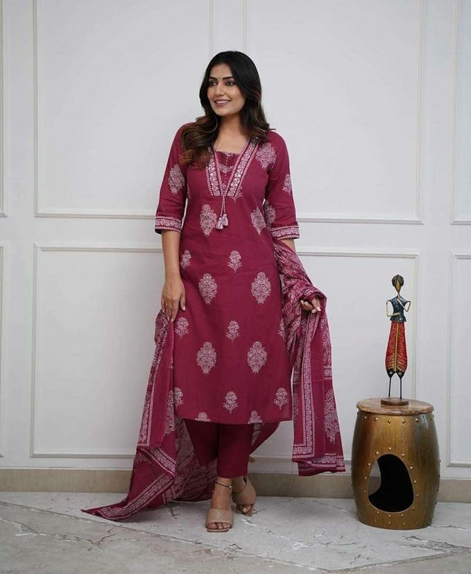 LoomBella LifestyleWomen's Cotton Printed Straight Kurti with Pant and Dupatta Set