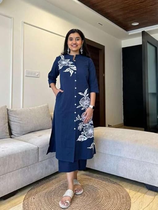 LoomBella LifestyleWomen's Cotton Floral Printed Straight Kurti with Pant Set