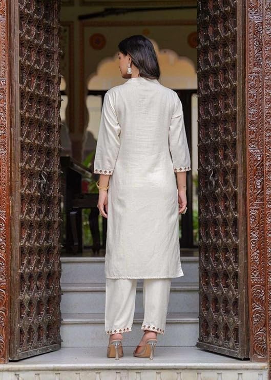 LoomBella Lifestyle Women's Cotton Embroidered Straight Kurti with Pant and Dupatta Set