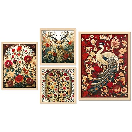 FAB CRAFT STUDIO Madhubani Set of Four Framed Painting for Wall Painting Decoration, Painitngs for home Decorations, Scenery for Living Room Decor