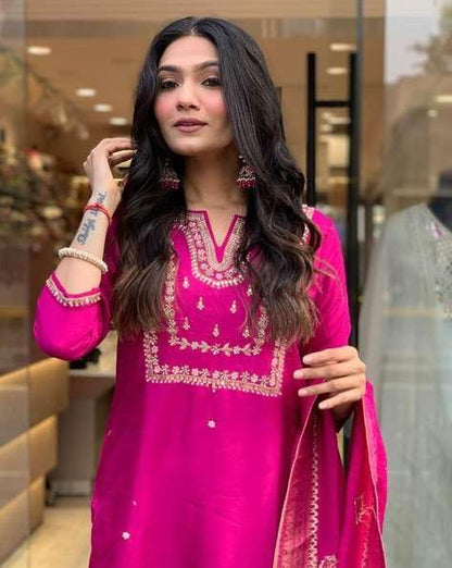LoomBella LifestyleWomen's Viscose Silk Heavy Embroidered Straight Kurta With Trouser & Banarasi Jacquard Dupatta Set