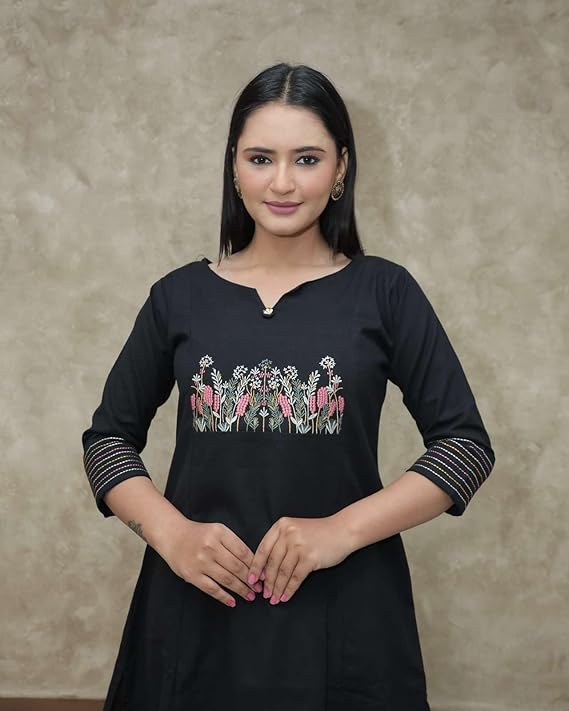 LoomBella LifestyleWomen's Cotton Embroidered Straight Kurti with Pant Set