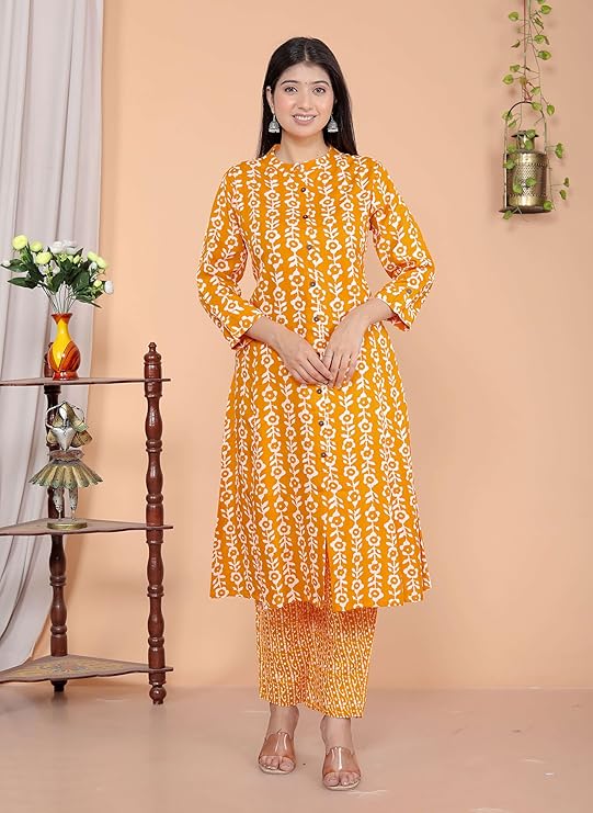 LoomBella Lifestyle Women's Cotton Floral Printed Mandarin Collar A-Line Kurti with Pant