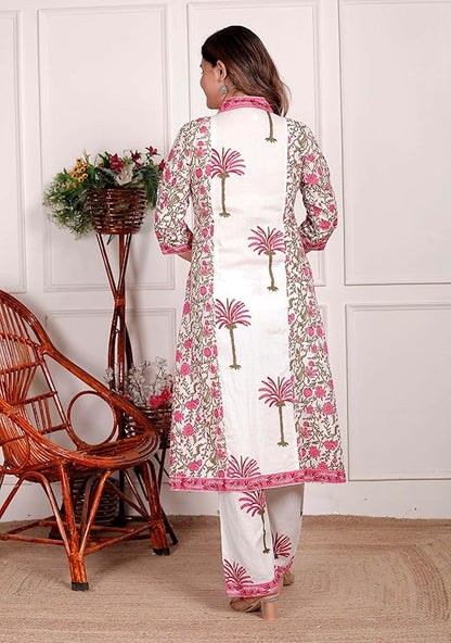 LoomBella Lifestyle Women's Cotton Printed Straight Kurti With Pant and Dupatta Set
