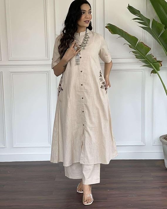 LoomBella Lifestyle Women's Cotton Embroidered A-Line Kurti with Pant
