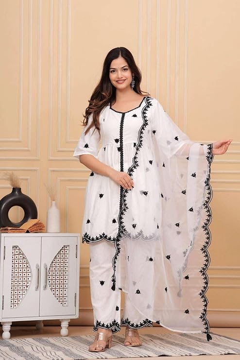 LoomBella Lifestyle Women's Cotton Embroidery Work Straight Kurti with Pant and Dupatta Set