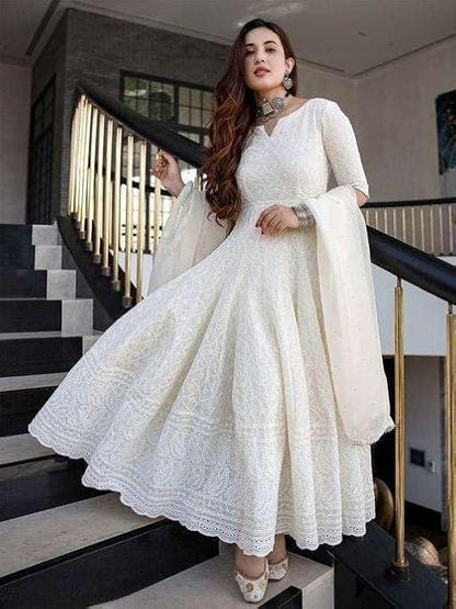 LoomBella LifestyleWomen's Cotton Chikankari Long Anarkali Kurti With Dupatta (White)