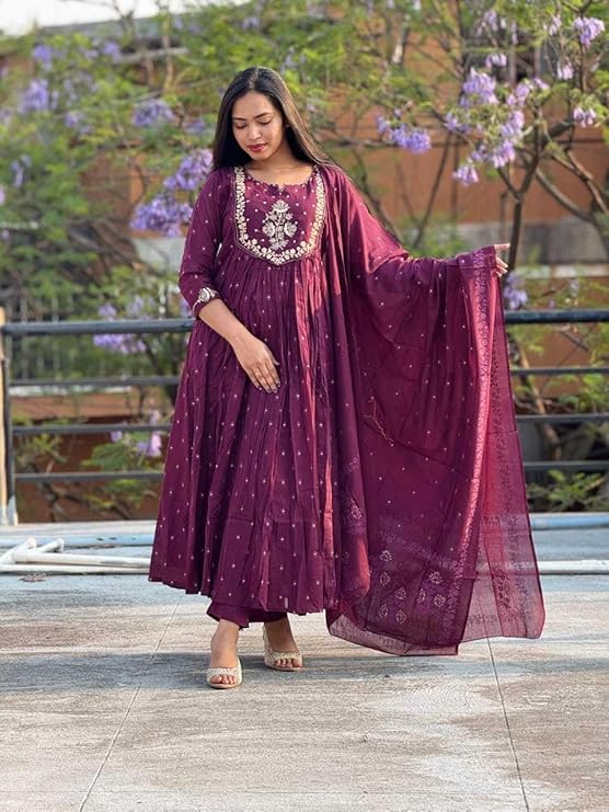 LoomBella LifestyleWomen's Cotton Embroidery Anarkali Kurti and Pant with Dupatta Set