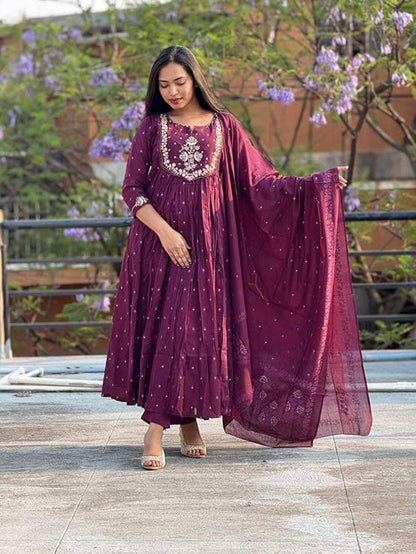 LoomBella LifestyleWomen's Cotton Embroidery Anarkali Kurti and Pant with Dupatta Set