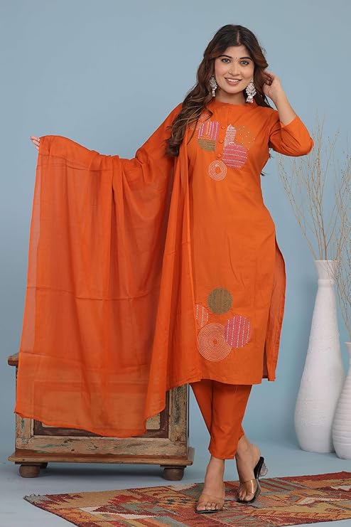 LoomBella Lifestyle Women's Cotton Embroidery Straight Kurti with Pant Set