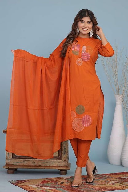 LoomBella Lifestyle Women's Cotton Embroidery Straight Kurti with Pant Set