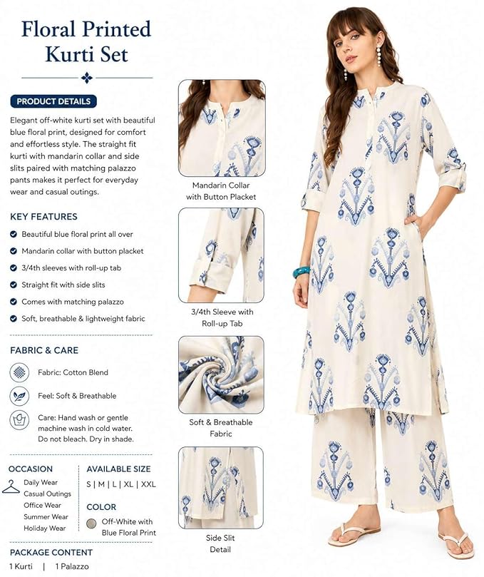 Women's Ivory & Blue Printed Kurta Pant