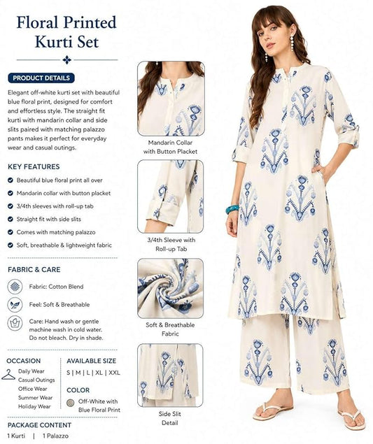Women's Ivory & Blue Printed Kurta Pant