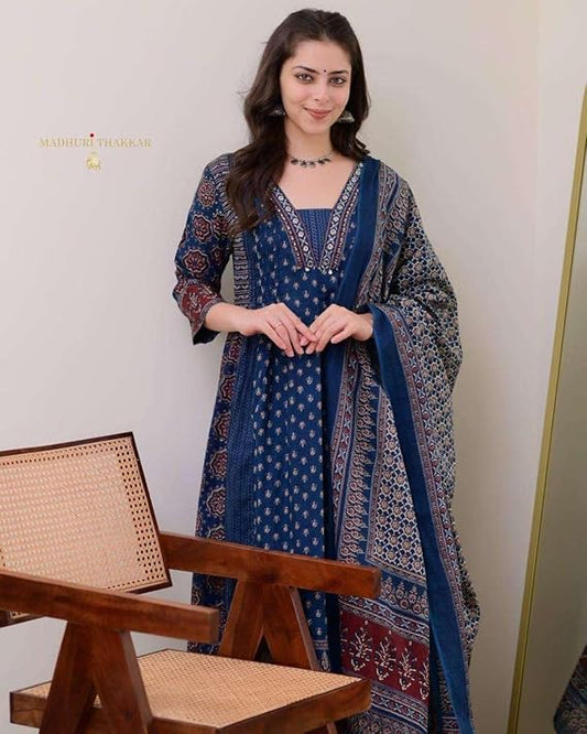 LoomBella LifestyleWomen's Cotton Printed A Line Premium Kurti with Pant and Dupatta Set