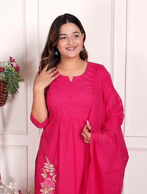 LoomBella Lifestyle Women's Cotton Embroidered Straight Kurti With Pant and Dupatta Set