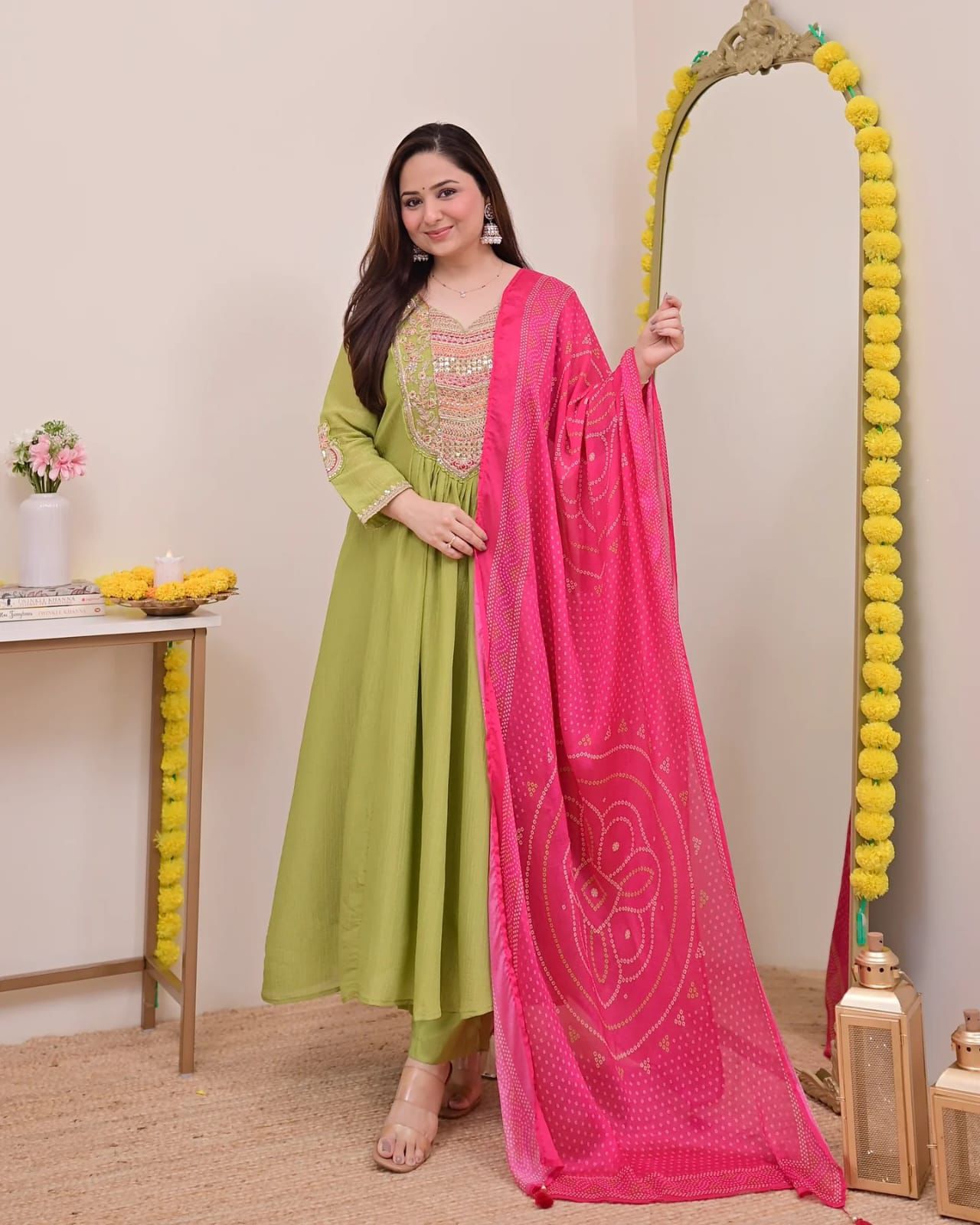 Women's Elegant Beige Embroidered Anarkali Kurta Set with Pink Bandhani Dupatta